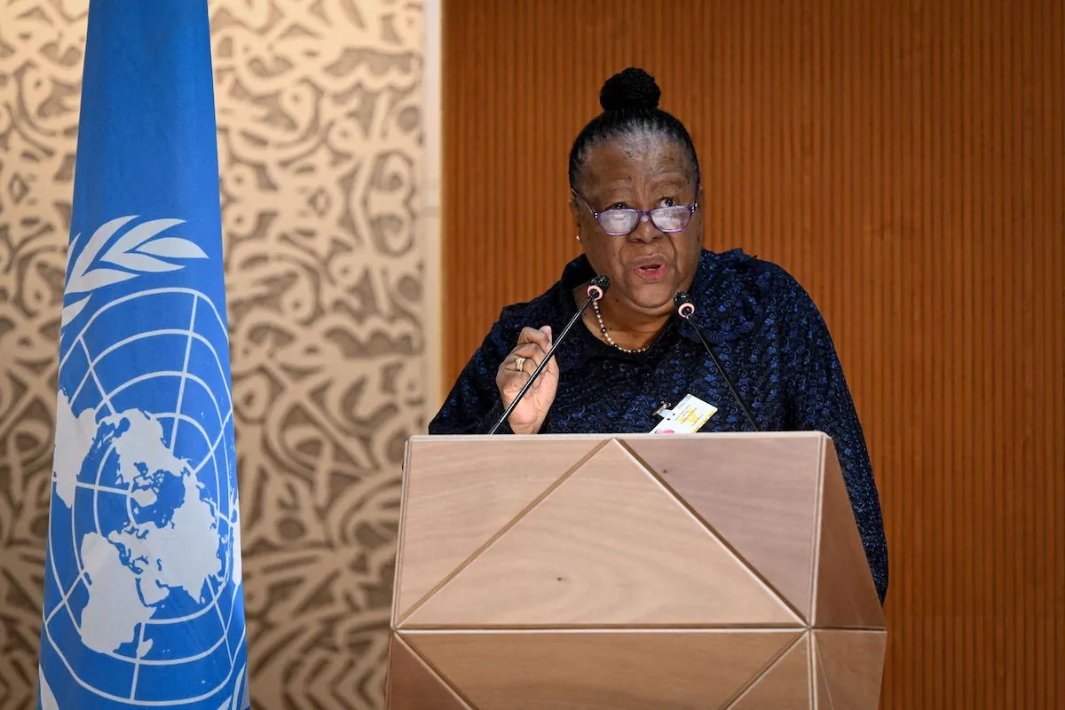 South African Minister of of International Relations and Cooperation Naledi Pandor delivers a speech during a session of the UN Human Rights Council in Geneva, on February 28, 2022. - The UN Human Rights Council voted to hold an urgent debate about Russia's deadly invasion of Ukraine at Kyiv's request, amid widespread international condemnation of Moscow's attack. (Photo by Fabrice COFFRINI / AFP) (Photo by FABRICE COFFRINI/AFP via Getty Images)
