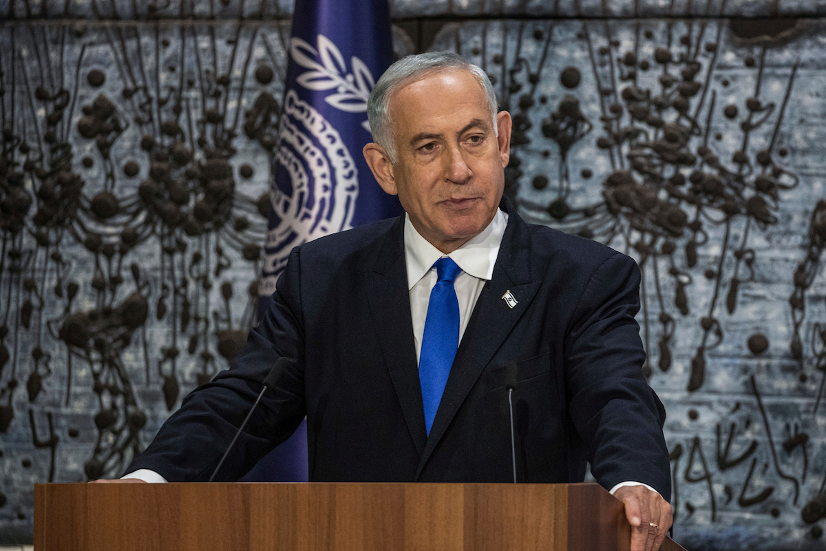 Likud leader and former Israeli prime minister Benjamin Netanyahu speaks at the President's Residence where he received mandate from Israeli President Isaac Herzog to form a government. (Credit Image: Ilia Yefimovich/dpa via ZUMA Press/APAIMAGES)