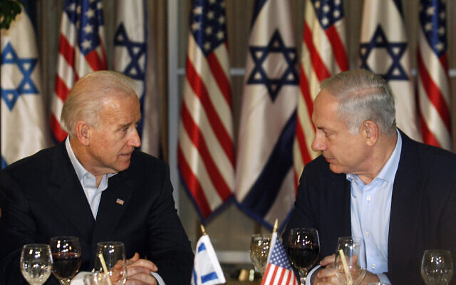 U.S. Vice President Joseph Biden, left, and Israeli Prime Minister Benjamin Netanyahu, right, talk before a dinner at the Prime Minister's residence in Jerusalem, Tuesday, March 9, 2010. (AP Photo/Baz Ratner, Pool)