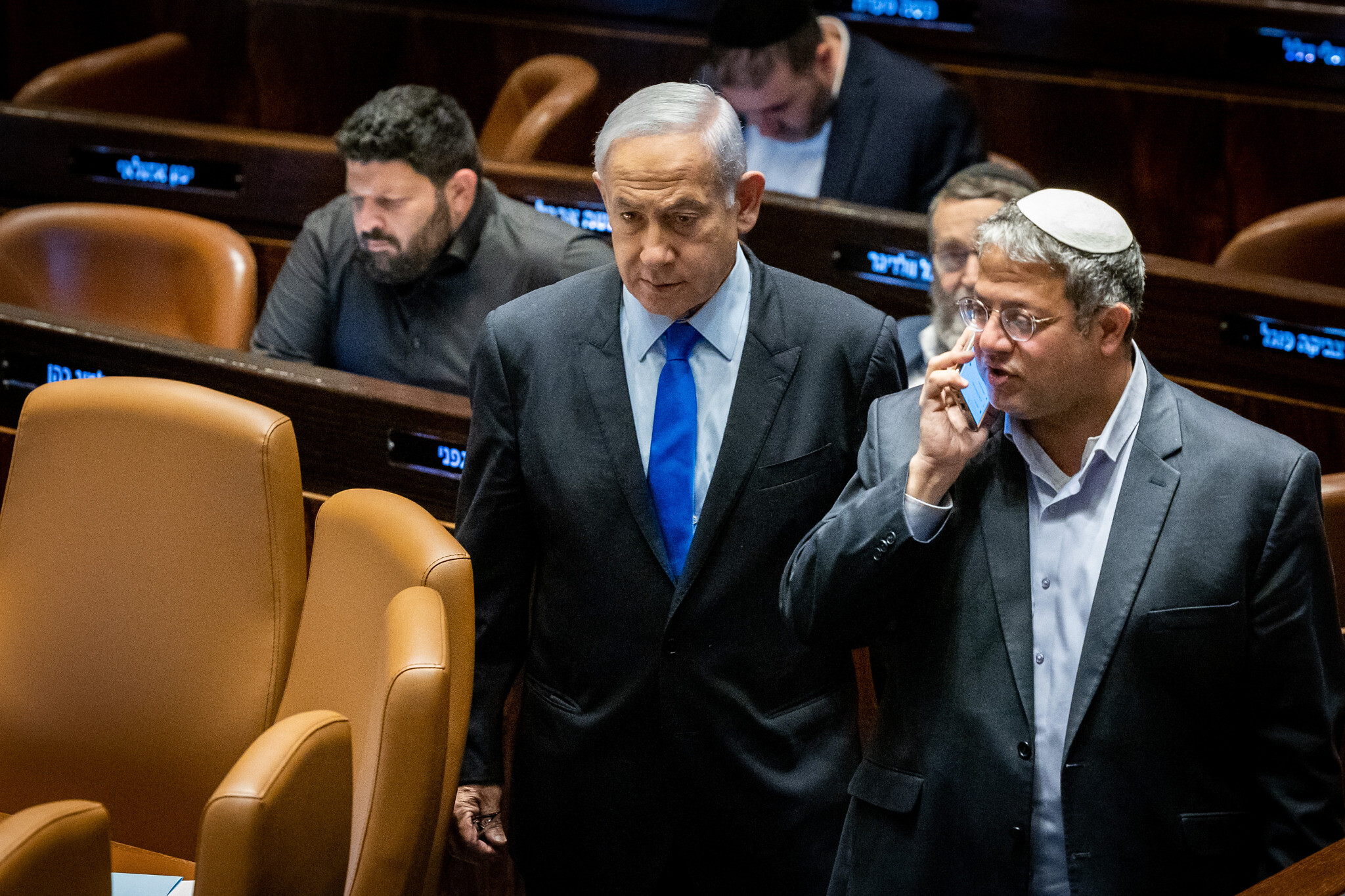Israeli prime minister Benjamin Netanyahu with Itamar Ben-Gvir, Minister of National Security during a discussion and a vote in the assembly hall of the Knesset, the Israeli parliament in Jerusalem, on March 6, 2023. Photo by Yonatan Sindel/Flash90