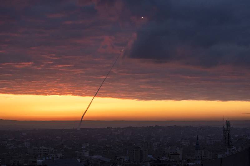 Anti-aircraft missiles are launched from the Gaza Strip after an Israeli airstrike, Thursday, Feb. 23, 2023. The Israeli military said Palestinian militants fired six rockets toward the country's south early Thursday. Israeli aircraft then struck several targets in northern and central Gaza. There were no reports of injuries in Israel or Gaza. The rocket fire followed a deadly Israeli military raid in the West Bank on Wednesday. (AP Photo/Fatima Shbair)