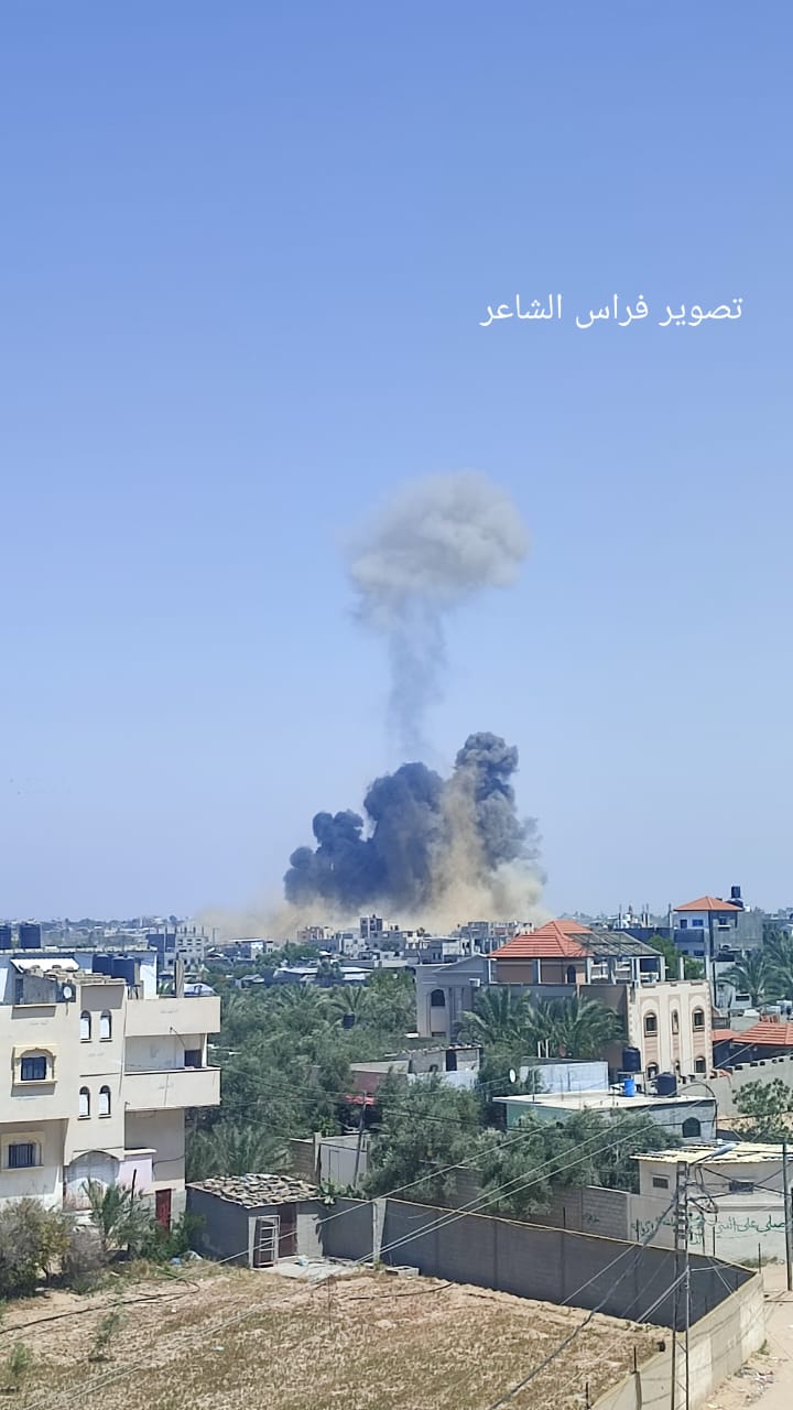 Israeli occupation warplanes bombed a Palestinian agricultural land east of Rafah City, south of the Gaza Strip, injuring several Palestinians on Wednesday, May 10, 2023.